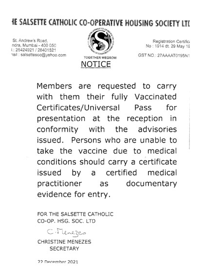 notice vaccincation certificate